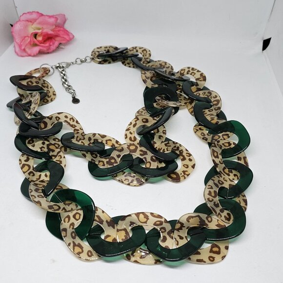 Sassy Jones Lucite Statement Necklace Chunky Leopard Green SJ Large Chain Link - Picture 5 of 10
